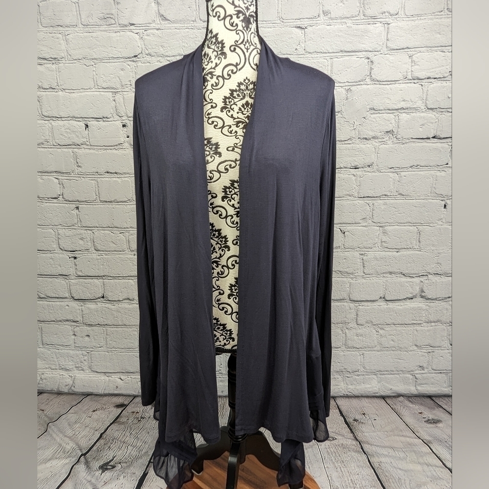 Logo women's long sleeve stretch open front cardigan size Large sheer inset B6